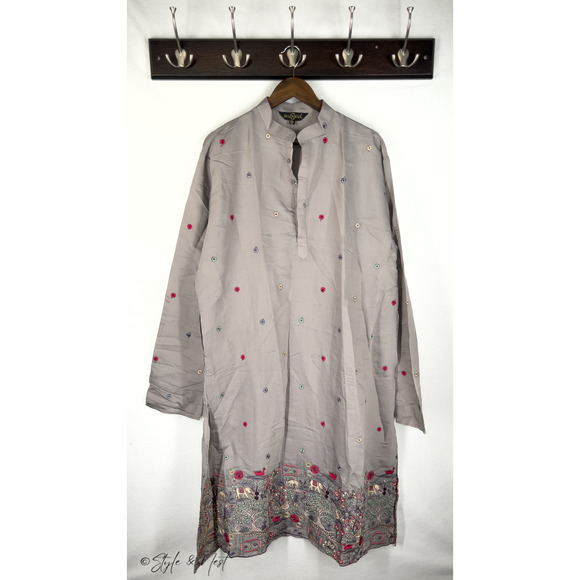 Embroidered Pakistani/Indian Kurta Grey Floral Nature Men's Cotton Daman 2XL - Picture 2 of 5